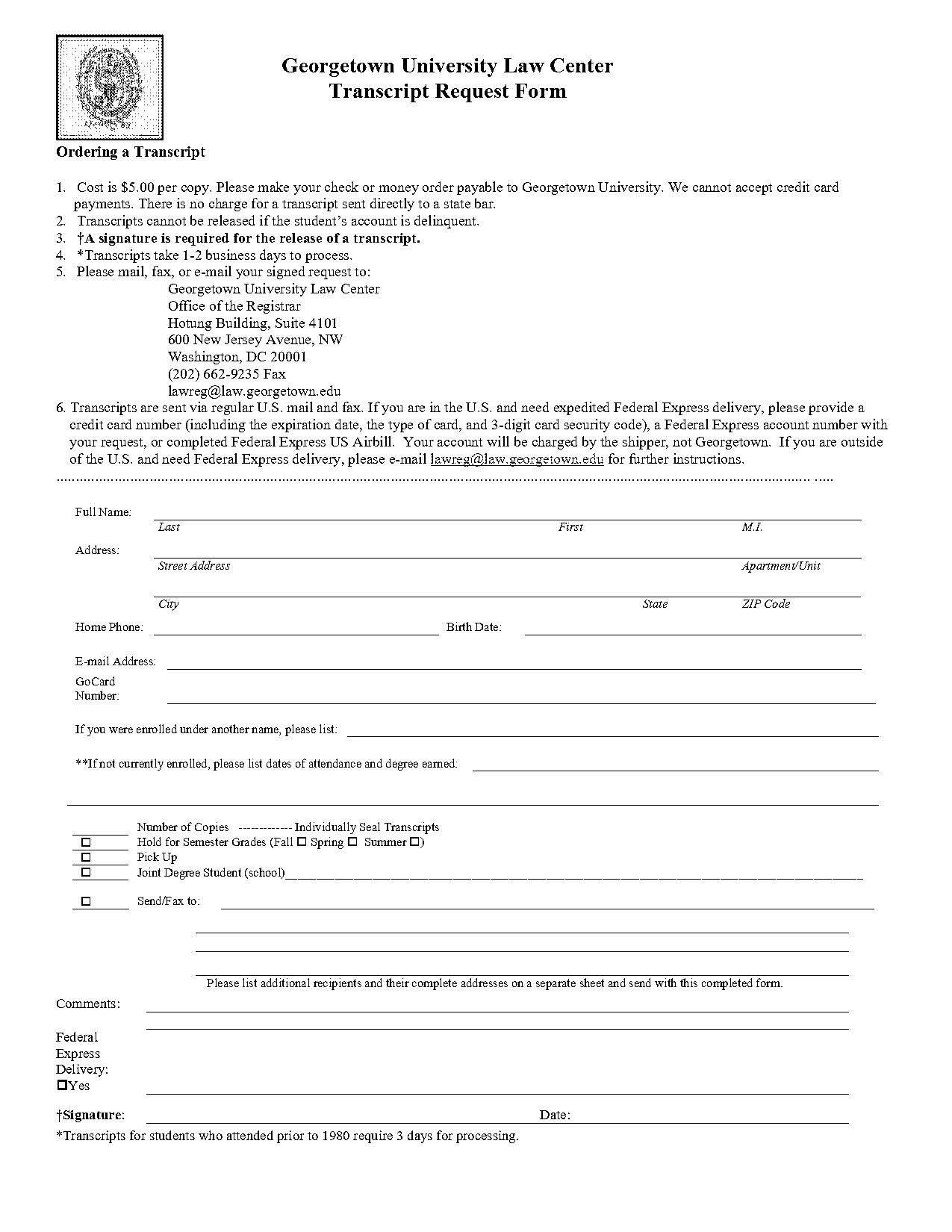 georgetown university official transcript request form